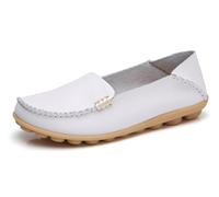 Sunporx Womens Comfortable Leather Loafers Driving Moccasins Breathable Openwork Non-Slip Soft Casual Work Nurse Round Toe Walking Shoes White 7.5