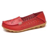 Sunporx Womens Comfortable Leather Loafers Driving Moccasins Breathable Openwork Non-Slip Soft Casual Work Nurse Round Toe Walking Shoes Red(Openwork) 7 UK