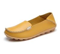 Sunporx Women's Comfortable Loafers Leather Driving Moccasins Breathable Non-Slip Work Casual Nurse Round Toe Wild Walking Soft Shoes Yellow