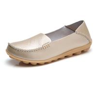Sunporx Women's Comfortable Loafers Leather Driving Moccasins Breathable Non-Slip Work Casual Nurse Round Toe Wild Walking Soft Shoes Golden
