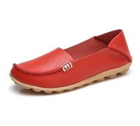 Sunporx Women's Comfortable Loafers Leather Driving Moccasins Breathable Non-Slip Work Casual Nurse Round Toe Wild Walking Soft Shoes Red