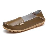 Sunporx Women's Comfortable Loafers Leather Driving Moccasins Breathable Non-Slip Work Casual Nurse Round Toe Wild Walking Soft Shoes Khaki