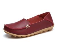 Sunporx Women's Comfortable Loafers Leather Driving Moccasins Breathable Non-Slip Work Casual Nurse Round Toe Wild Walking Soft Shoes Red Wine