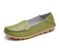 Sunporx Women's Comfortable Loafers Leather Driving Moccasins Breathable Non-Slip Work Casual Nurse Round Toe Wild Walking Soft Shoes Grass Green