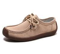 Sunporx Women's Lace-up Moccasin Lefse Shoes Driving Leather Oxford Shoe Non-Slip Comfortable Flat Bottom Walking Shoes Apricot