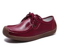 Sunporx Women's Lace-up Moccasin Lefse Shoes Driving Leather Oxford Shoe Non-Slip Comfortable Flat Bottom Walking Shoes Wine Red