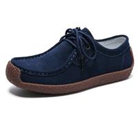 Sunporx Women's Lace-up Moccasin Lefse Shoes Driving Leather Oxford Shoe Non-Slip Comfortable Flat Bottom Walking Shoes Dark Blue