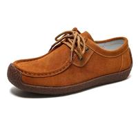 Sunporx Women's Lace-up Moccasin Lefse Shoes Driving Leather Oxford Shoe Non-Slip Comfortable Flat Bottom Walking Shoes Brown