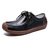 Sunporx Women's Lace-up Moccasin Lefse Shoes Driving Leather Oxford Shoe Non-Slip Comfortable Flat Bottom Walking Shoes Black