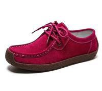 Sunporx Women's Lace-up Moccasin Lefse Shoes Driving Leather Oxford Shoe Non-Slip Comfortable Flat Bottom Walking Shoes Rose Red