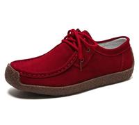 Sunporx Women's Lace-up Moccasin Lefse Shoes Driving Leather Oxford Shoe Non-Slip Comfortable Flat Bottom Walking Shoes Deep Red