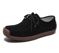 Sunporx Women's Lace-up Moccasin Lefse Shoes Driving Leather Oxford Shoe Non-Slip Comfortable Flat Bottom Walking Shoes Deep Black