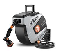 SUNPOW Garden Hose Reel Wall Mounted - 15m+2m Retractable Hose Pipe, Easy to Install & 10 Function Sprayer Nozzle - Any Length Lock, Auto Rewind System, 180°Swivel Bracket - Grey