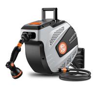SUNPOW Garden Hose Reel Wall Mounted -35m+2m Retractable Hose Pipe, Easy to Install & 10 Function Sprayer Nozzle - Any Length Lock, Auto Rewind System, 180°Swivel Bracket - Grey