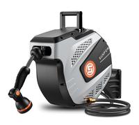 SUNPOW Retractable Garden Hose Reel - 1/2 inch x 50ft Wall Mounted Hose Reel with 3/4 inch Brass Fitting & 10 Function Sprayer Nozzle - Any Length Lock, Auto Rewind System, 180°Swivel Bracket - Grey