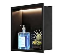 sunrik LED Wall Recess Shower Lighting 30 x 30 cm Black | Stainless steel shower niche for bathroom lighting, shelves for waterproof storage, no tiles required