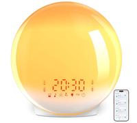 Sunrise Alarm Clocks, Wake Up Light with Sunrise/Sunset Simulation, App Control, 4 Alarms, Auto Time Calibration, Snooze Function, FM Radio, 7 Natural Sounds, 12 Colours Lights Bedside Clock (Yellow)