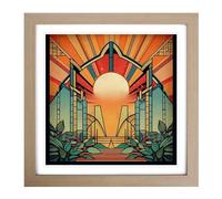 Sunrise Art Deco No.3 Framed Print | 18x18 Inch Oak Framed Wall Art | Ready to Hang | Art Deco Landscape Picture | Living Room Bedroom Lounge Office