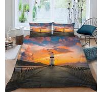 Sunrise at Sea King Size Duvet Cover Set Watchtower Bedding 3D Soft Comfort Microfiber Quilt Cover 220x230 cm with Zipper Closure and 2 Pillowcases for Kids Teenager Adults K.1060