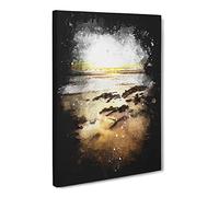 Sunrise At Tenby Beach In Wales Paint Splash Canvas Print | Gallery Wrapped 30mm Frame Wall Art | 24x16 inches | Ready to Hang | Coastal Seascape Picture | Living Room Bedroom Lounge Office