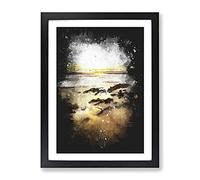 Sunrise At Tenby Beach In Wales Paint Splash Modern Framed Wall Art Print, Ready to Hang Picture for Living Room Bedroom Home Office Décor, Black A3 (34 x 46 cm)