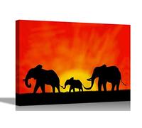 Sunrise Elephant Family Silhouette Canvas Prints Framed Wall Art Animal Poster Artwork Home Work Livingroom Pictures Kids Adults 60 x 40cm (24 x 16 inches)