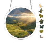 Sunrise Golden Hills Meadow Landscape Panorama Acrylic Round Puzzle 7.8x7.8Inch Wall Art