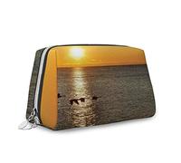 Sunrise,Leather Makeup Organizer,Geese Flying Over A Lake at Sunrise,Handbag,Toiletry Bag,Waterproof Makeup Pouch,Multicolor,M