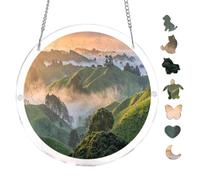 Sunrise Mist Green Hills Landscape Acrylic Round Puzzle 7.8x7.8Inch Hanging Decor