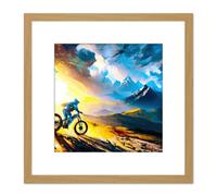 Sunrise Mountain Biker Landscape Freedom Sort Outdoor Painting Square Wooden Framed Wall Art Print Picture 8X8 Inch Artery8 Light Oak One Size