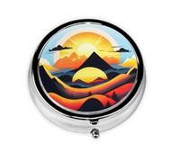 Sunrise Mountain Round mini Pill Box, Lightweight and Portable, with 3 Plastic Inserts, Suitable for Carrying in Pockets or Wallets.