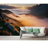 Sunrise Mountain Wall Mural, Self Adhesive Wallpaper Peel and Stick, Landscape Stone Home Decor Photo Wallpaper, Silk Cloth Wall Sticker for Living Room & Bedroom, 250x175 cm - M-889