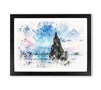 Sunrise On A Beach In Spain Watercolour Modern Framed Wall Art Print, Ready to Hang Picture for Living Room Bedroom Home Office Décor, Black A3 (46 x 34 cm)