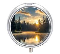 Sunrise on The Lake Pill Box Round Portable Small Pill Case Waterproof Travel Pill Box Organizer for Pocket Purse and Daily Convenience