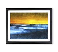 Sunrise Over A Tea Plantation Painting Modern Art Framed Wall Art Print, Ready to Hang Picture for Living Room Bedroom Home Office Décor, Black A4 (34 x 25 cm)
