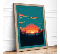 Sunrise Over Evergreens Minimalist Framed Wall Art Print A1 (84.1×59.4cm) Oak, Wall Decor for Living Room, Bedroom, Office & Home, Ready to Hang, Art Gift