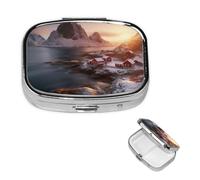 Sunrise Over Hamnoy Square Pill Box 2 Compartments Handbag Pocket Pill Organizer Portable Travel Metal Pill Box for Medicine Vitamins Fish Oil Unique Gift