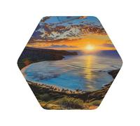 Sunrise Over Hanauma Bay Oahu Hawaii Print Leather Coaster Set of 6, Hexagon Coasters Table Decorative Coffee Cup Beverage Coasters Wine Beer Bar Coasters for Hot Drinks Table Protection