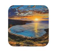 Sunrise Over Hanauma Bay Oahu Hawaii Print Leather Coaster Set of 6, Square Coasters Table Decorative Coffee Cup Beverage Coasters Wine Beer Bar Coasters for Hot Drinks Table Protection