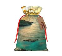 Sunrise Over Hanauma Bay Oahu Hawaii Printed Christmas Drawstring Bags with Red Christmas Ribbon - Reusable Burlap Drawstring Gift Pouches, S