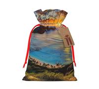 Sunrise Over Hanauma Bay Oahu Hawaii Printed Christmas Drawstring Gift Bags-Xmas Wrapping Bags,Candy Bag,For Holiday Party Decorations,Wedding Party Supplies S Red Ribbon