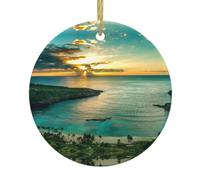 Sunrise Over Hawaii Christmas Round Ceramic Ornament Decor,Double-Sided Printed Bauble With Gold String,Unique Dual-Face Design For Xmas Tree Home