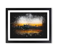 Sunrise Over Los Angeles Skyline Paint Splash Modern Art Framed Wall Art Print, Ready to Hang Picture for Living Room Bedroom Home Office Décor, Black A4 (34 x 25 cm)