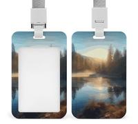 Sunrise Over Mountain Forest Lake Badge Holder with Lanyard - Waterproof Hard Plastic ID Card Holder Professional Name Tag Vertical ID Card Name Badge for Office Nurse Doctor Teacher
