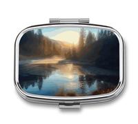 Sunrise Over Mountain Forest Lake Pill Box 2 Compartment - Small Metal Medicine Organizer Portable Pill Case for Purse Pocket Travel Vitamin Organizer for Men Women, BPA-Free