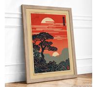 Sunrise Over Mountains Japandi Framed Wall Art Print A1 Oak Frame