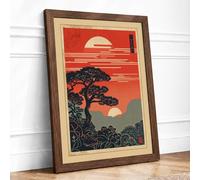 Sunrise Over Mountains Japandi Framed Wall Art Print A2 Walnut Frame