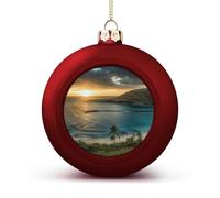 Sunrise Over Oahu Hawaii Christmas Tree Ornaments 1.6 Inch Shatterproof Pc Plastic Balls with Lanyard Baubles Hanging Christmas Ball Ornaments for Xmas Tree Holiday Party Wedding Home Decorations-red