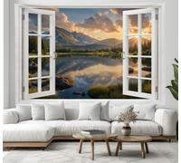 Sunrise Over Snow-Capped Mountains Lakes Wall Tapestry Landscape Window View Wall Hanging Tapestries Golden Orange Posters Art Print for Bedroom Living Room Party TV Backdrop Decor, 100x75 cm