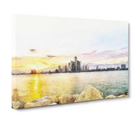Sunrise Over The Detroit Skyline Canvas Print | Gallery Wrapped 30mm Frame Wall Art | 24x16 inches | Ready to Hang | Modern Landscape Picture | Living Room Bedroom Lounge Office